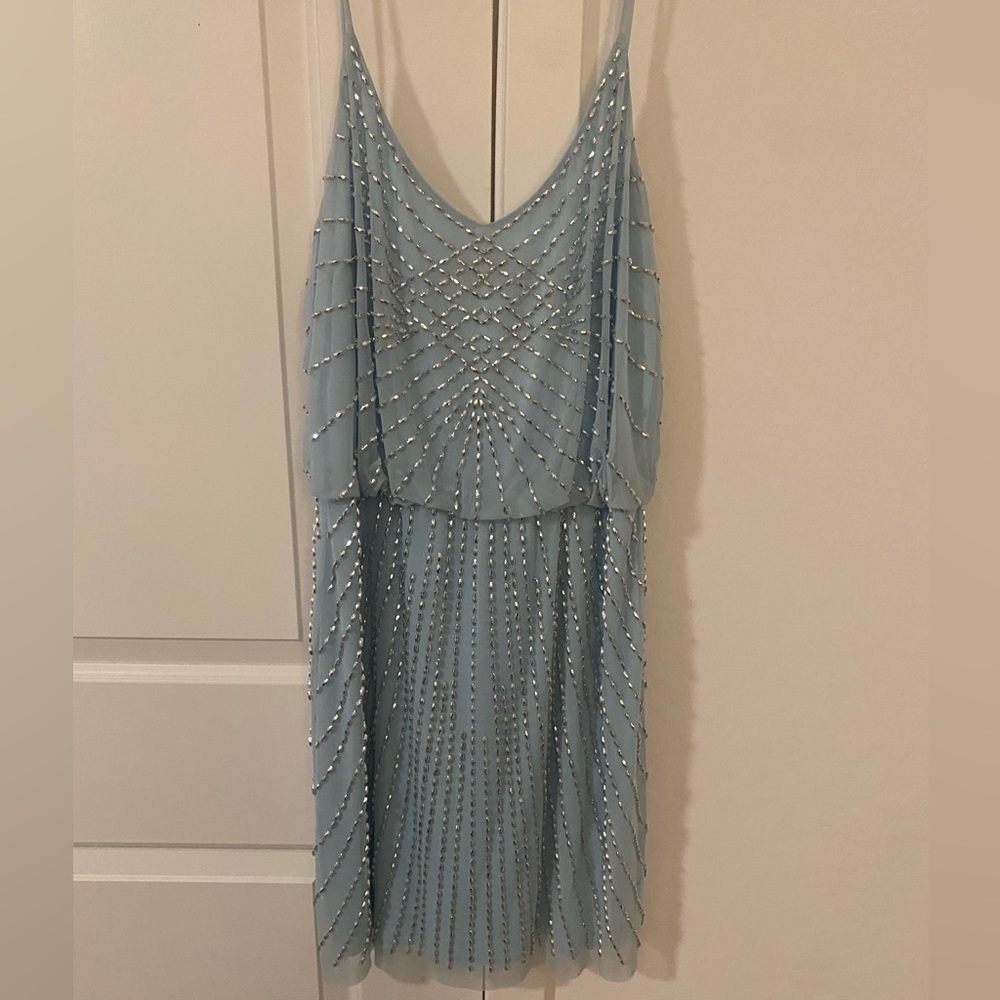 Xscape blue rhinestone mini dress